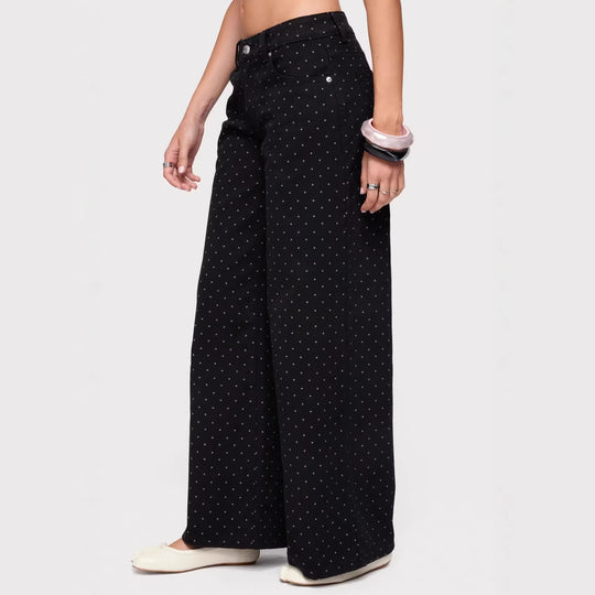 Damen nan hochgeschnittene weite Denimhose mit durchgehendem Punktmuster und klassischem Taschen-Design EB