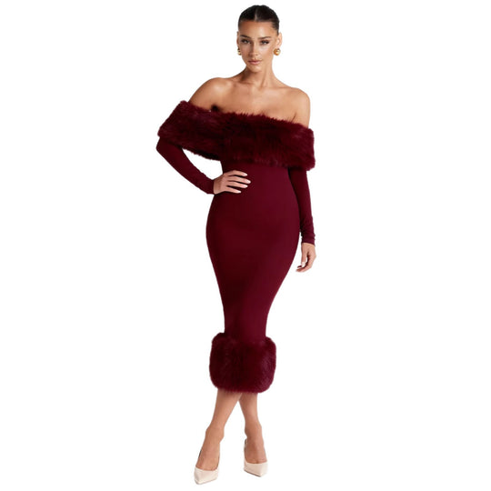 Damen Figurbetontes Kleid mit abnehmbaren Kunstfell-Akzenten EB