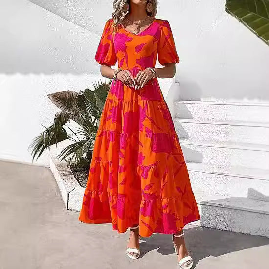 Damen Maxikleid mit Puffärmeln und Rüschendetails EB
