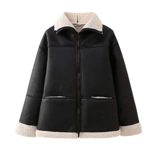 Damen Kunstlederjacke mit kuscheligem Innenfutter und hohem Kragen EB