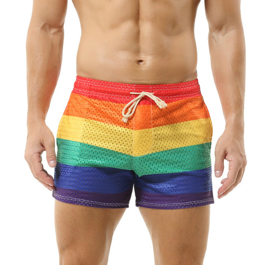 Herren Badeshorts mit atmungsaktivem Netzmaterial und buntem Regenbogenmuster EB