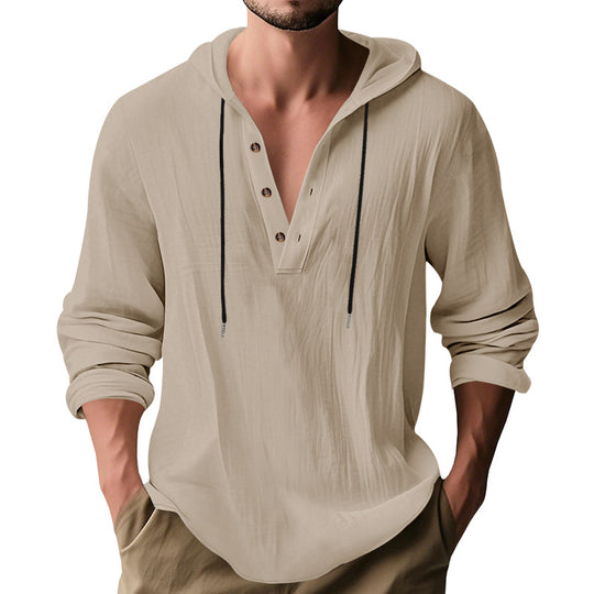 Herren nan lässiges Leinenhemd mit Kapuze und Henley-Knopfleiste EB