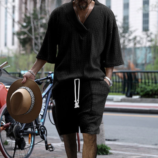 Herren nan lässiges Struktur-Strick-Set mit tiefem V-Ausschnitt kastigem Kurzarmpullover und Kordel-Shorts EB
