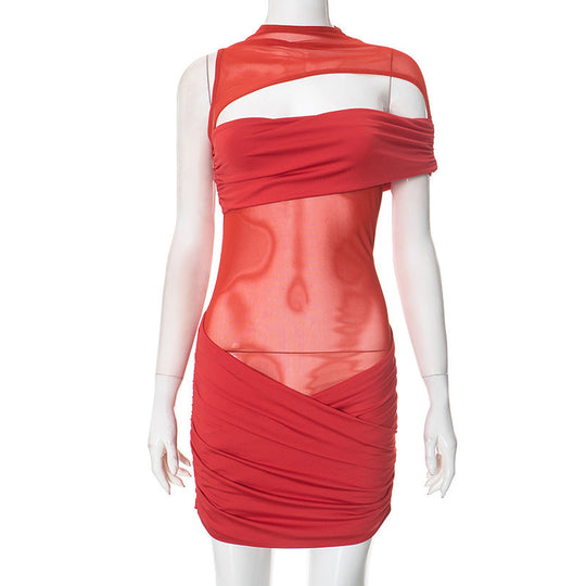 Damen figurbetontes Mesh-Kleid mit asymmetrischem Schnitt und Raffung EB