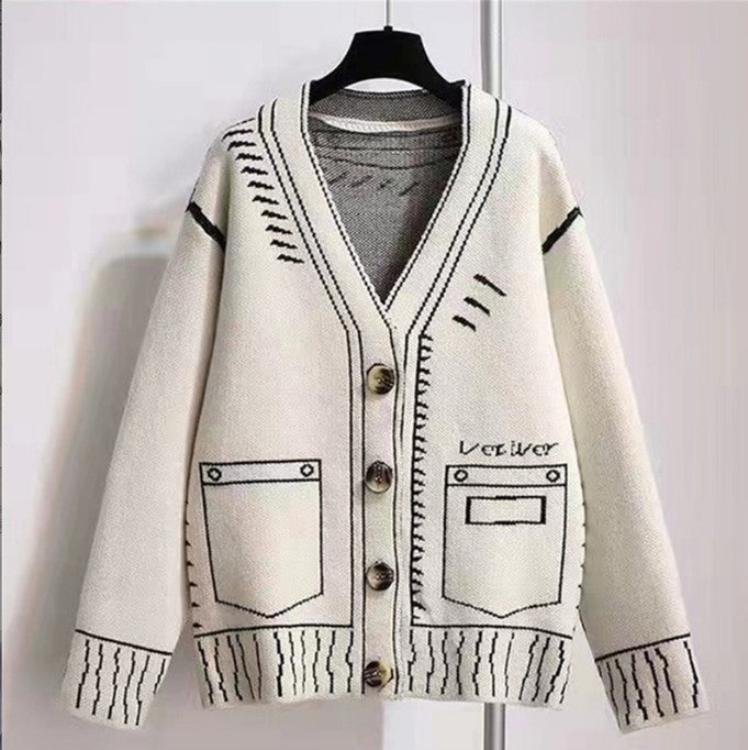 Damen Oversized Strickjacke mit kreativem Design und großen Knöpfen EB
