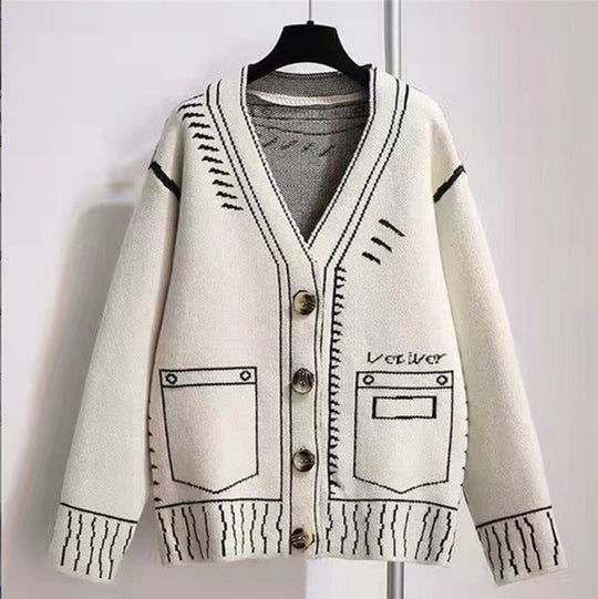 Damen Oversized Strickjacke mit kreativem Design und großen Knöpfen EB