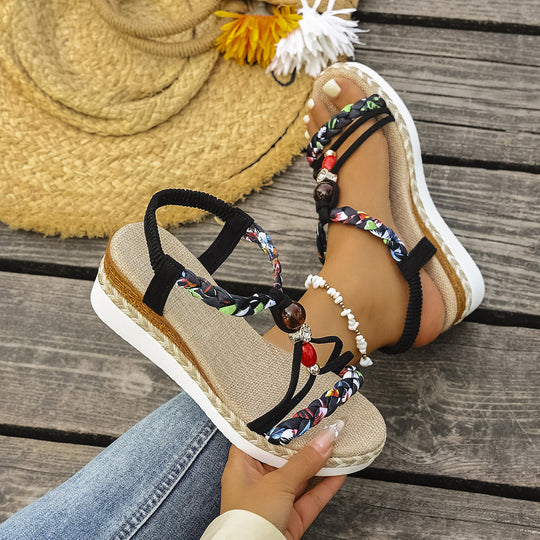 Damen Wedge-Sandaletten mit farbenfrohen Perlen und geflochtenem Riemendesign EB