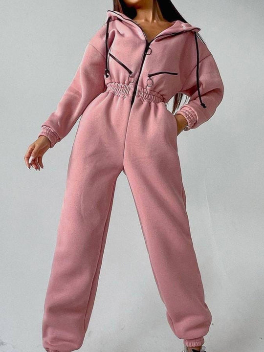 Damen Taillierter Kapuzen-Sweat-Jumpsuit mit Reißverschluss und elastischem Taillenbund EB