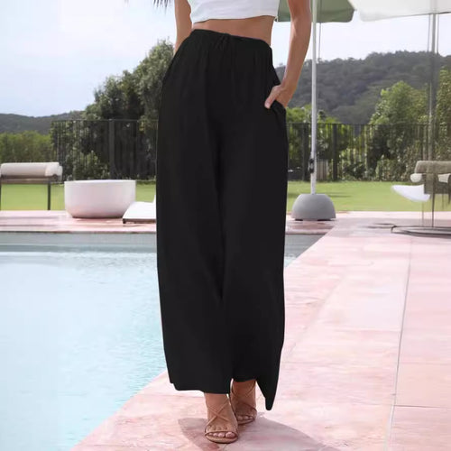 Damen weite Leinenhose mit elastischem Bund und praktischen Seitentaschen EB