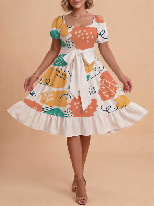 Damen Sommerkleid mit floralem Puffärmel und taillierbarem Gürtel EB