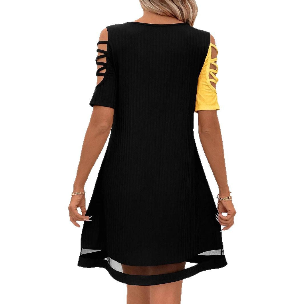Damen modisches Freizeitkleid mit Cut-Out Ärmeln und asymmetrischem Design EB