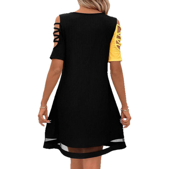 Damen modisches Freizeitkleid mit Cut-Out Ärmeln und asymmetrischem Design EB