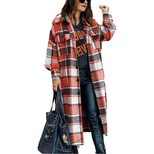 Damen Langarm-Wolljacke mit Karomuster und praktischen Taschen EB
