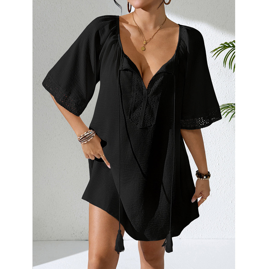 Damen Häkelstrandkleid mit elegantem V-Ausschnitt und luftigen Ärmeln EB