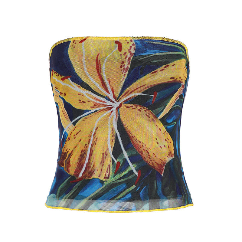 Damen Bandeau-Top mit buntem floralen Druck und elastischem Saum EB