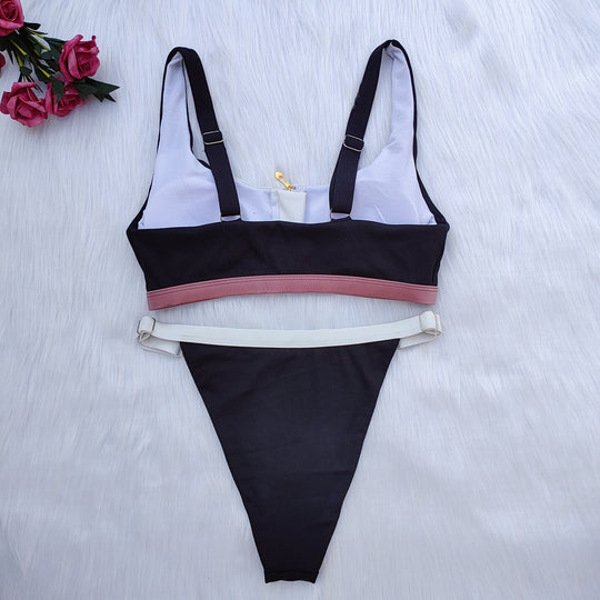Damen Sport-Bikini-Set mit Reißverschluss und farblich abgesetzten Details EB