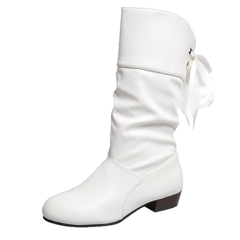 Damen  knielange Stiefel mit rückseitiger Schnürschleife, gerafftem Schaft und flachem Blockabsatz EB