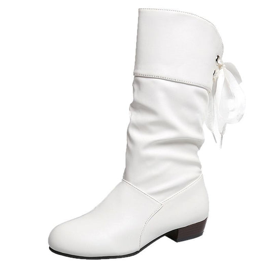 Damen  knielange Stiefel mit rückseitiger Schnürschleife, gerafftem Schaft und flachem Blockabsatz EB