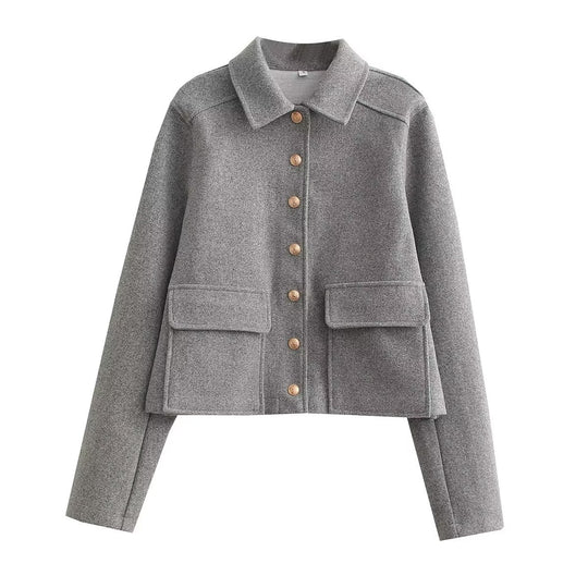 Damen modische Kurzjacke aus strukturiertem Wollmaterial mit praktischen Pattentaschen EB