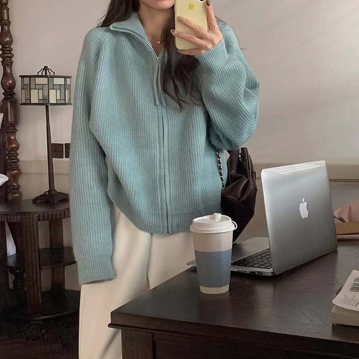 Damen Strickjacke mit hohem Kragen und durchgehendem Reißverschluss EB