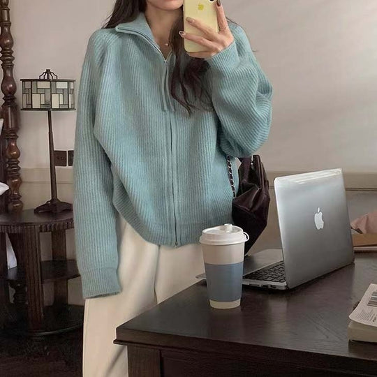 Damen Strickjacke mit hohem Kragen und durchgehendem Reißverschluss EB