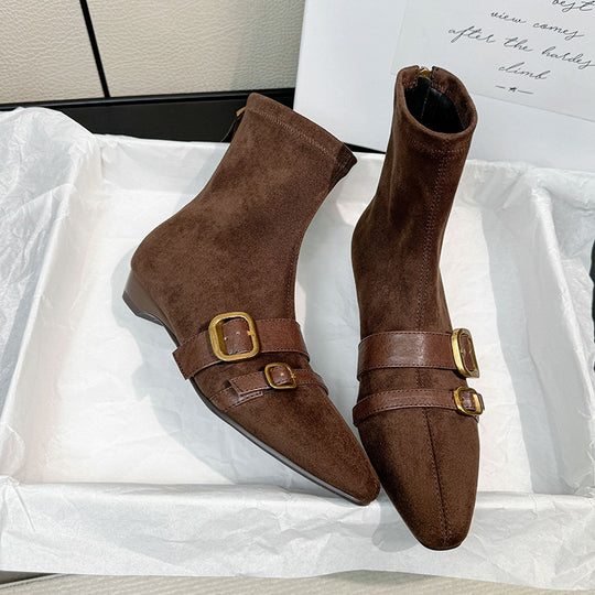 Damen Ankle Boots mit modischen Schnallen und spitz zulaufendem Design EB