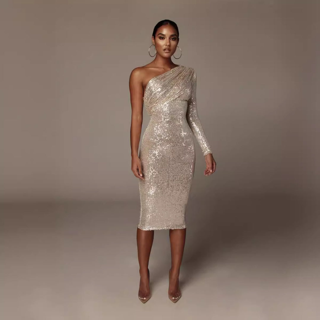 Damen Glitzerndes Etuikleid mit asymmetrischem Ausschnitt und langem Arm EB