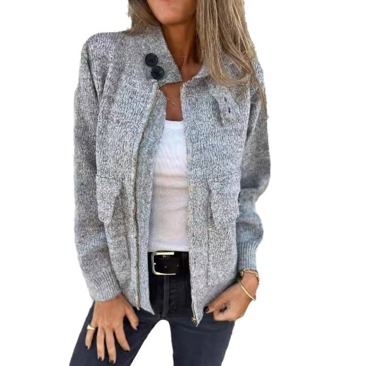 Damen weiche Strickjacke mit wärmeisolierendem Kragen und aufgesetzten Taschen EB