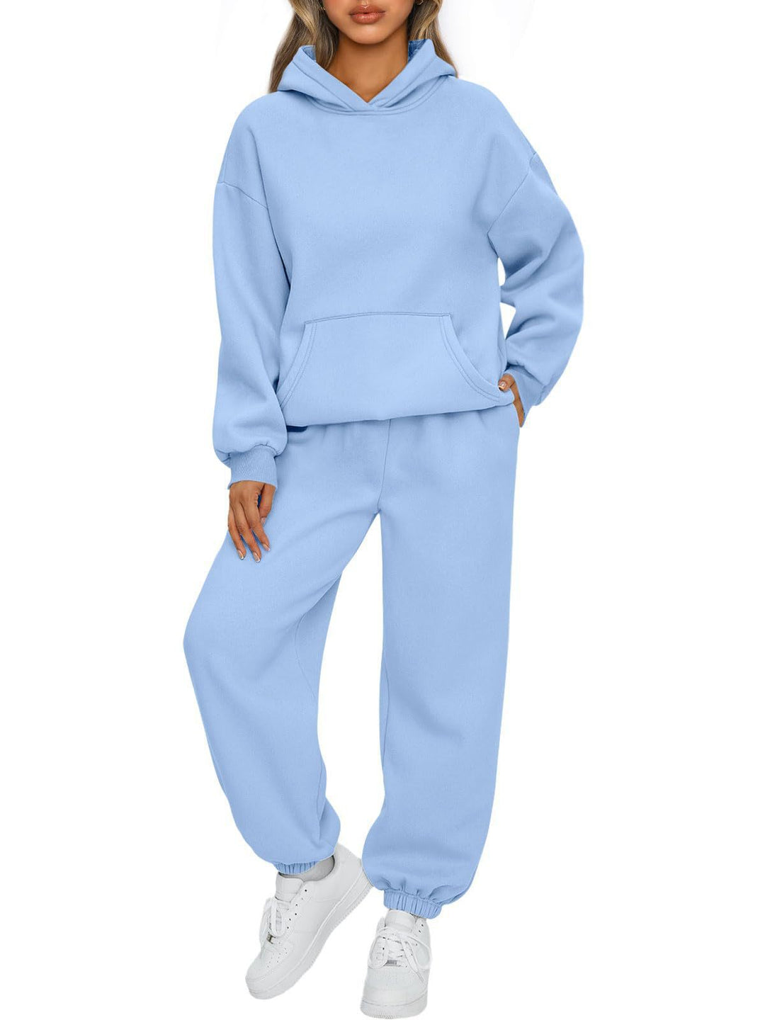 Damen nan gemütliches French-Terry Loungewear-Set mit doppellagiger Kapuze, Kängurutasche und elastischem Knöchel-Jogger EB