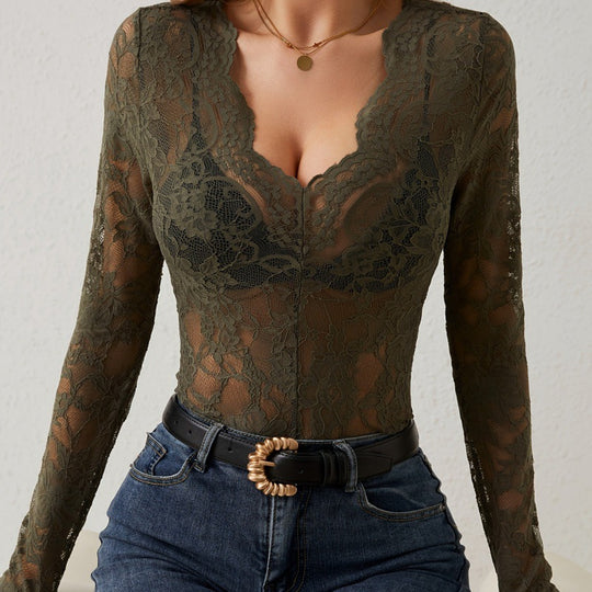 Damen Spitzen-Bodysuit mit tiefem V-Ausschnitt und transparenten Ärmeln EB