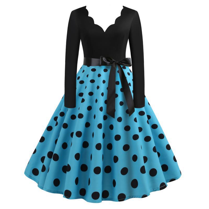 Damen Retro-Swingkleid mit welligem Ausschnitt, taillierter Satin-Schärpe und Tellerrock EB