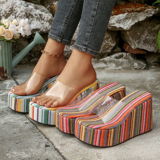 Damen Wedge-Pantoletten mit durchsichtigen Riemen und farbenfrohem Streifenmuster EB