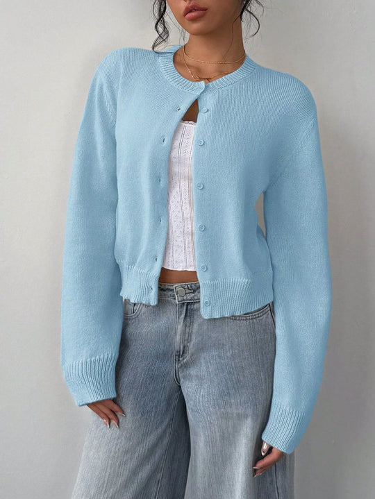 EB | Strickjacke Pullover Weiche Strickware Cropped Fit Knopf Front Rippensaum