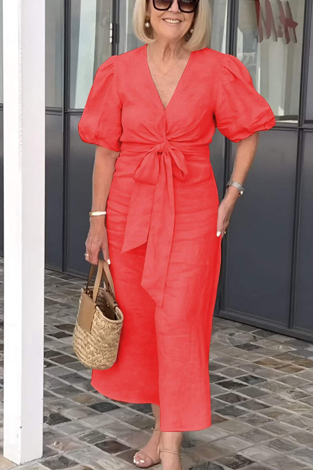 Damen Maxikleid mit eleganten Puffärmeln und Taillenknoten EB