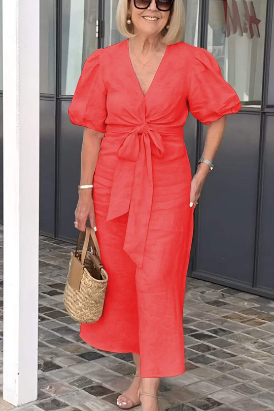 Damen Maxikleid mit eleganten Puffärmeln und Taillenknoten EB