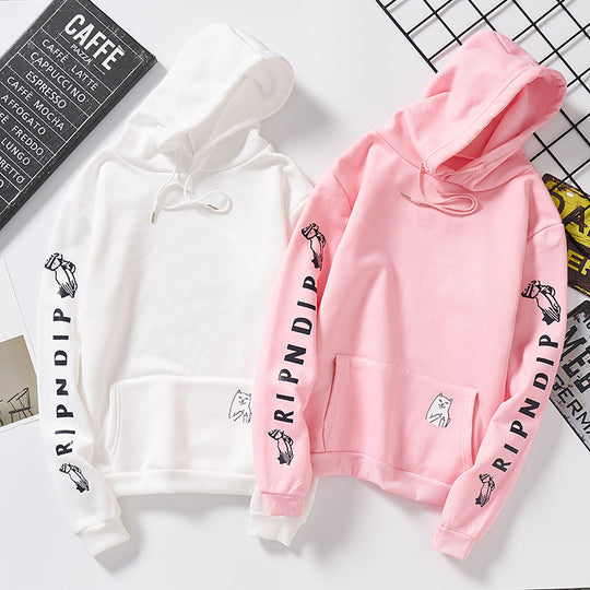 Damen Kapuzenpullover mit auffälligem Ärmelprint, Kängurutasche und relaxed Fit EB