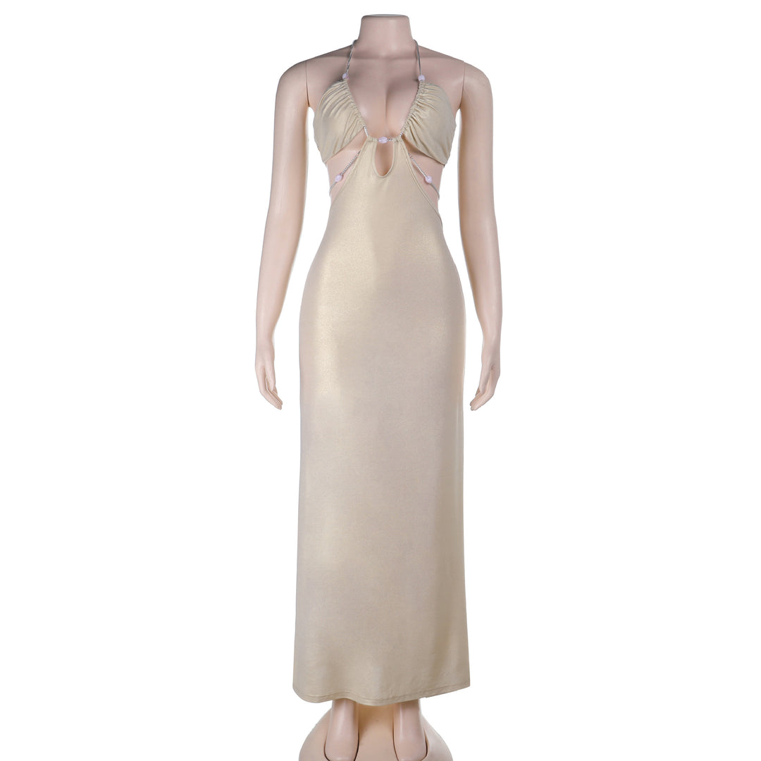 Damen langes Abendkleid mit tiefem V-Ausschnitt und schimmernden Details EB