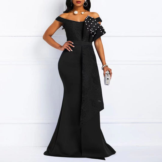 Damen Abendmaxikleid mit off-shoulder Design und luxuriösen Spitze-Applikationen EB