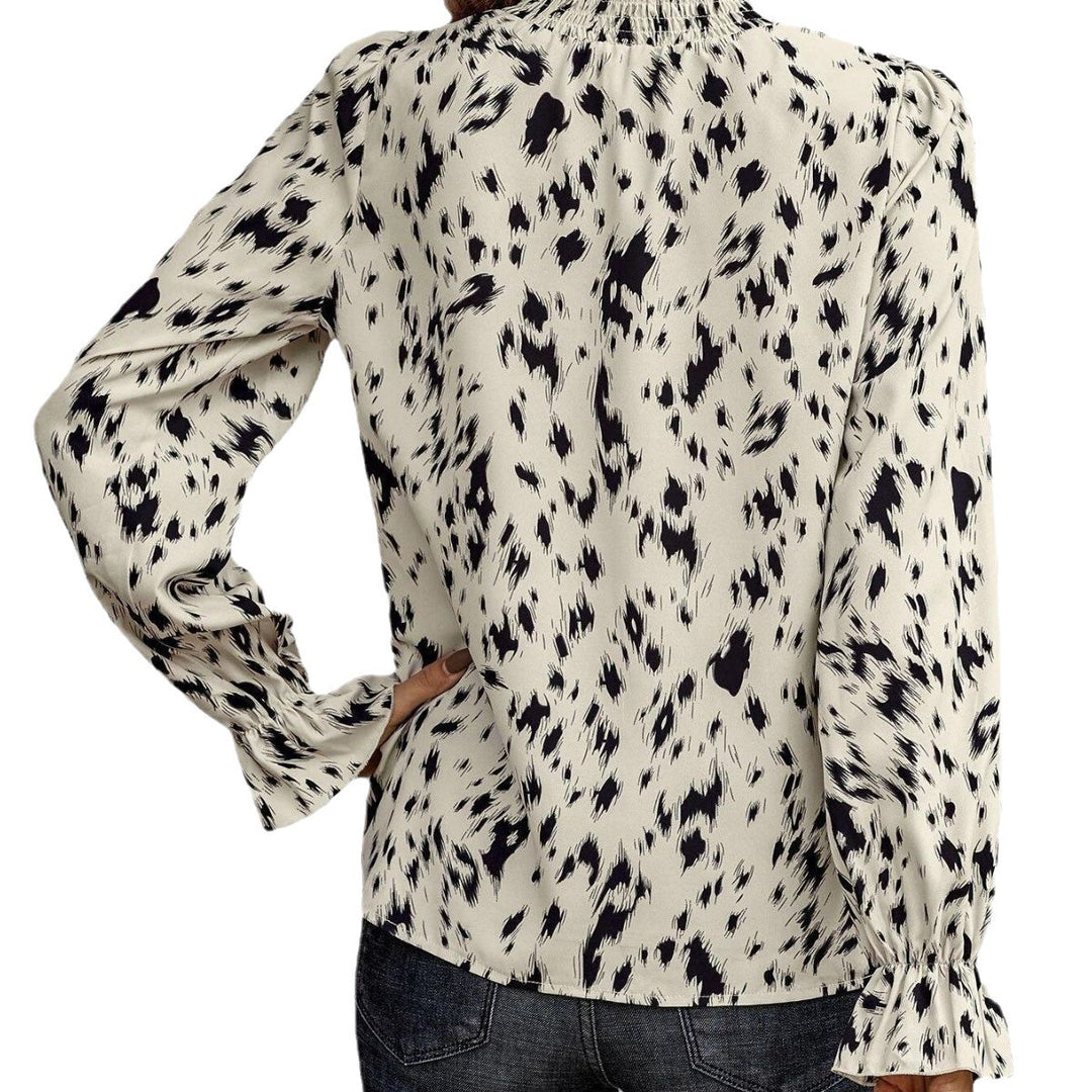 Damen elegantes Blusenshirt mit Rüschenkragen und tierischem Muster EB
