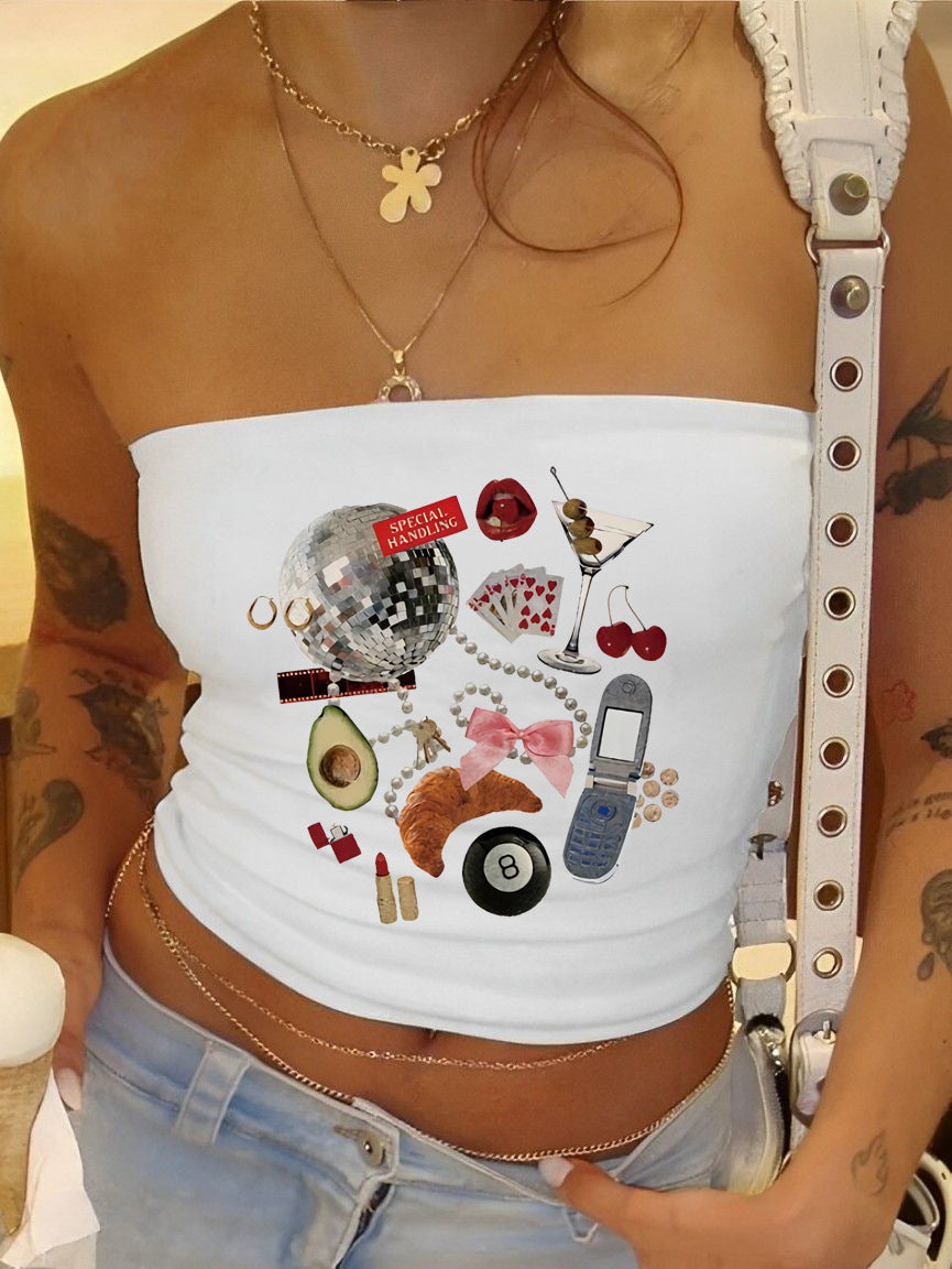 Damen Bandeau-Oberteil mit fruchtigem Motiv und figurbetontem Schnitt EB