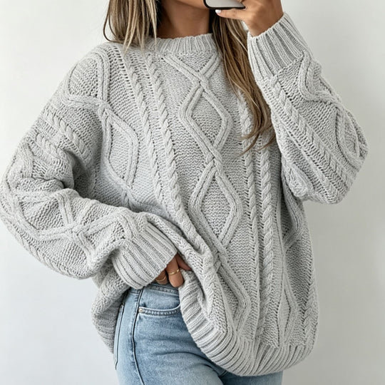 Damen Oversize Flechtstrick-Pullover mit Zopfmuster und Rundhals EB