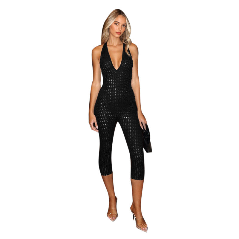 Damen figurbetonter Jumpsuit mit tiefem V-Ausschnitt und netzartigem Design EB
