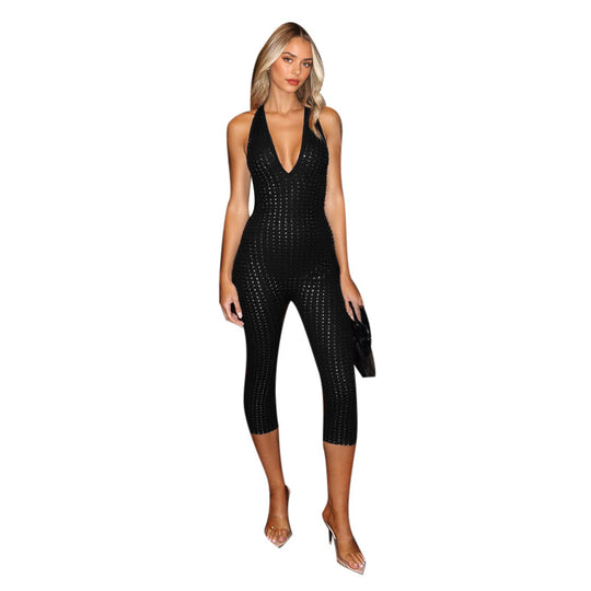 Damen figurbetonter Jumpsuit mit tiefem V-Ausschnitt und netzartigem Design EB