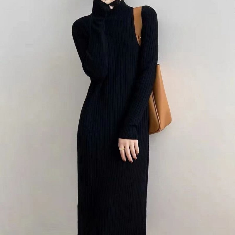 Damen Strickkleid mit hohem Kragen und Rippenstruktur EB