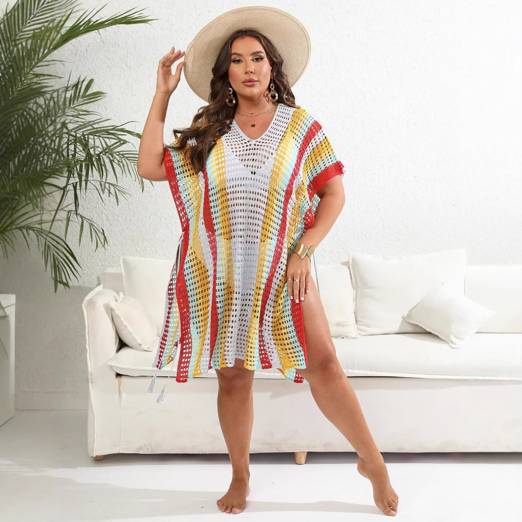 Damen luftiger Häkel-Strandponcho mit modischen Fransen EB
