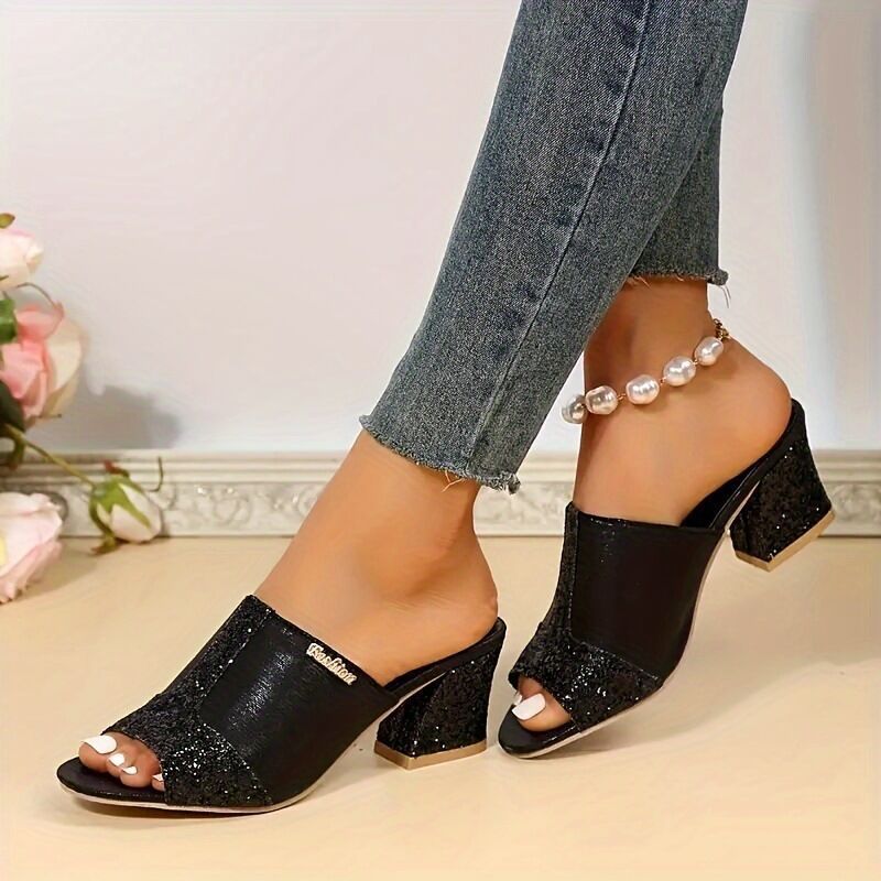 Damen nan elegante offene Pantolette mit feinem Netz, funkelnden Applikationen und mittelhohem Blockabsatz EB