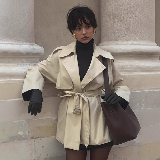 Damen Modische Kurztrenchjacke mit Taillenknoten und großzügigen Taschen EB