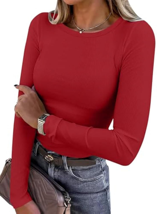 Damen Schmalgeschnittenes Ripp-Longsleeve mit Rundhalsausschnitt und Stretch-Baumwollmix EB