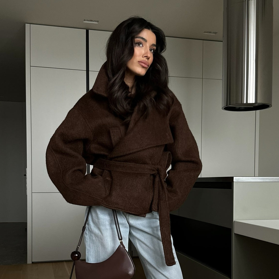 Damen Oversized Wolljacke mit Bindegürtel und lässigem Schnitt EB