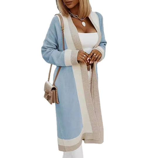 Damen lange Strickjacke mit Farbblockdesign und offenen Front EB